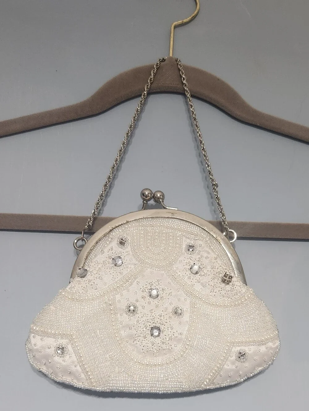 Vintage La Regale Purse White Beaded Evening Clutch, Chain Strap, Kiss Lock